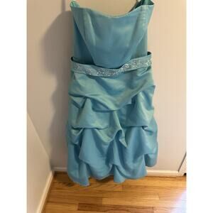 Strapless Blue Cocktail Dress Size 16 Ruched Beaded Waist Formal Prom Ball Gown